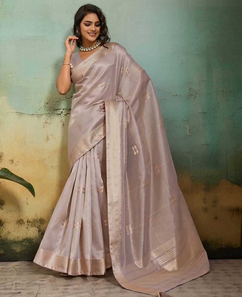 Light grey tissue infused linen saree with zari woven patta & chit pallu | small butti design