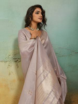 Light grey tissue infused linen saree with zari woven patta & chit pallu | small butti design 3