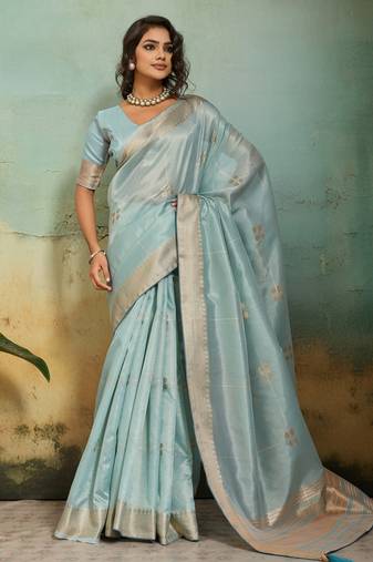 Light sky blue tissue infused linen saree with zari woven patta & chit pallu | small butti design