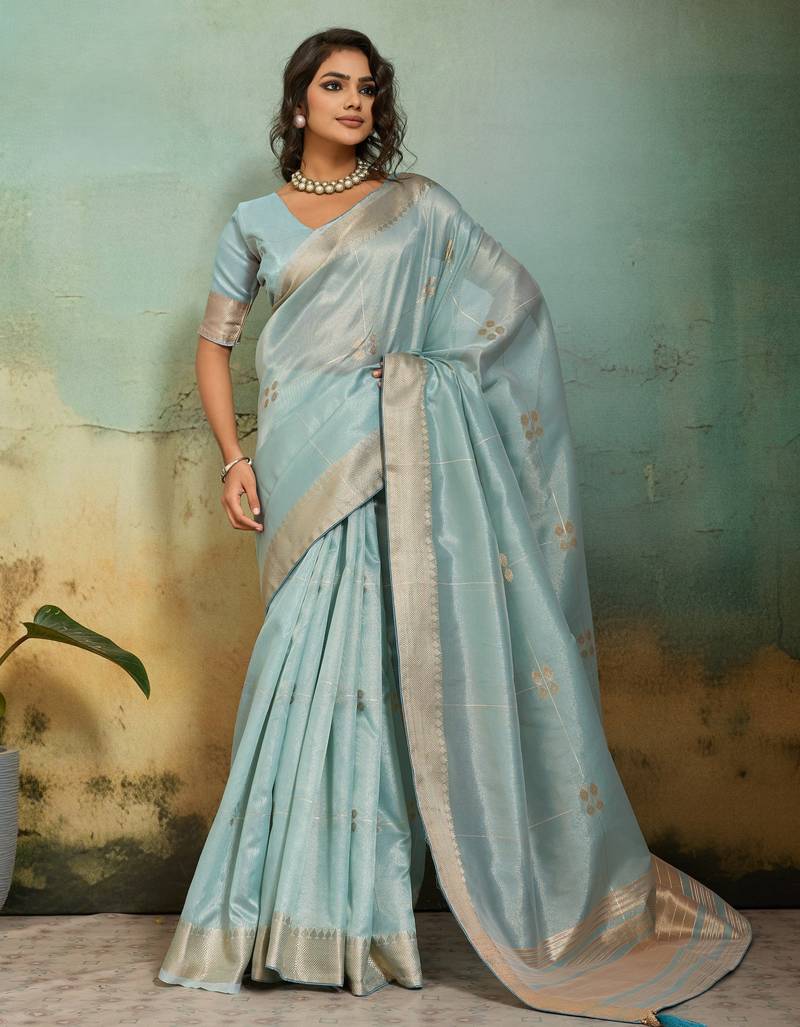 Light sky blue tissue infused linen saree with zari woven patta & chit pallu | small butti design