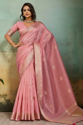 Light pink tissue infused linen saree with zari woven patta & chit pallu | small butti design