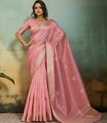 Light pink tissue infused linen saree with zari woven patta & chit pallu | small butti design
