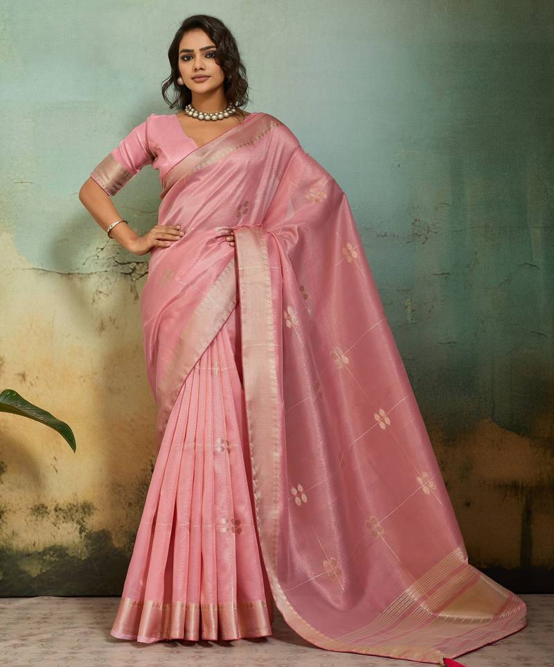Light pink tissue infused linen saree with zari woven patta & chit pallu | small butti design
