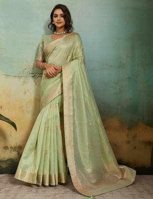 Light green tissue infused linen saree with zari woven patta & chit pallu | small butti design 1
