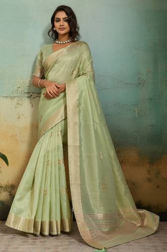 Light green tissue infused linen saree with zari woven patta & chit pallu | small butti design