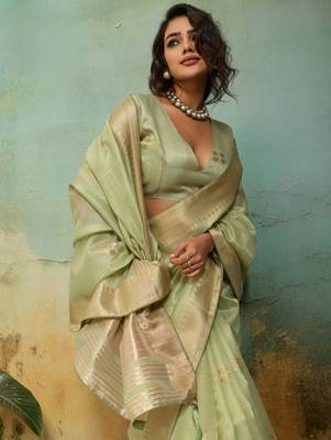 Light green tissue infused linen saree with zari woven patta & chit pallu | small butti design 2