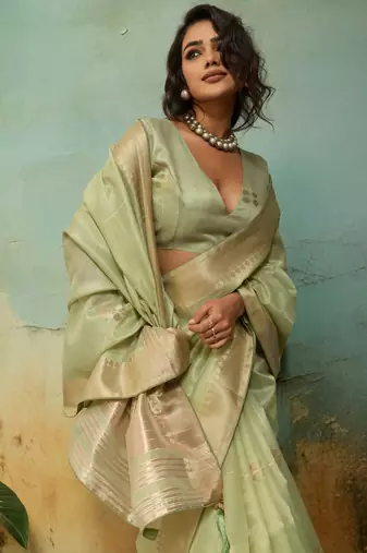 Light green tissue infused linen saree with zari woven patta & chit pallu | small butti design