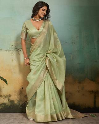 Light green tissue infused linen saree with zari woven patta & chit pallu | small butti design 3