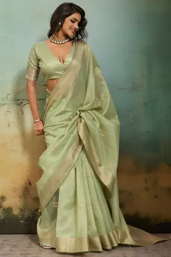 Light green tissue infused linen saree with zari woven patta & chit pallu | small butti design