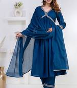 Blue lace solid rayon stitched v-neck flared pant suit set