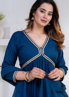 Blue lace solid rayon stitched v-neck flared pant suit set 4
