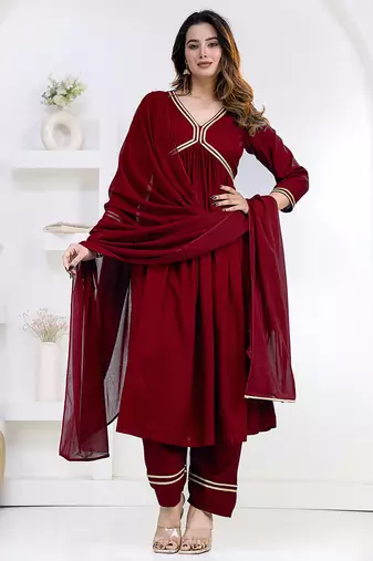 Maroon lace solid rayon stitched v-neck flared pant suit set