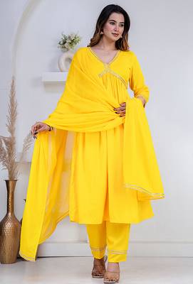 Yellow lace solid rayon stitched v-neck flared pant suit set 1