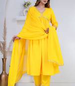 Yellow lace solid rayon stitched v-neck flared pant suit set