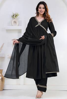 Black lace solid rayon stitched v-neck flared pant suit set 1