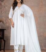 White lace solid rayon stitched v-neck flared pant suit set