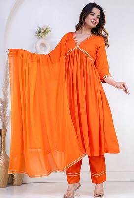 Orange lace solid rayon stitched v-neck flared pant suit set 1