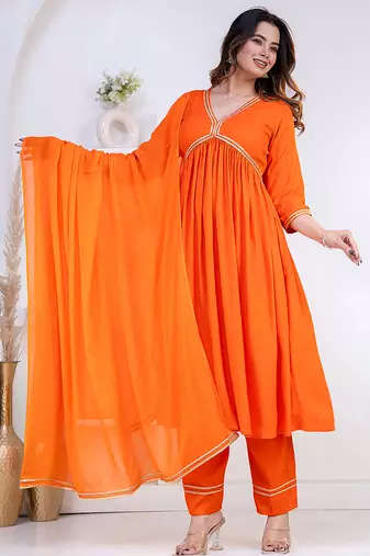 Orange lace solid rayon stitched v-neck flared pant suit set
