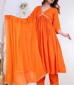 Orange lace solid rayon stitched v-neck flared pant suit set