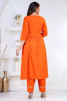 Orange lace solid rayon stitched v-neck flared pant suit set 2