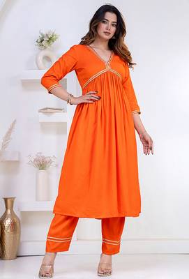 Orange lace solid rayon stitched v-neck flared pant suit set 3