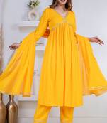 Mustard lace solid rayon stitched v-neck flared pant suit set