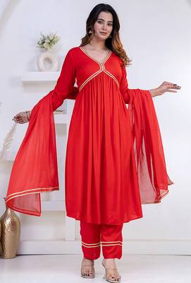 Red lace solid rayon stitched v-neck flared pant suit set 1