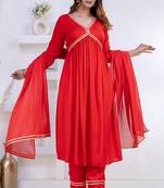 Red lace solid rayon stitched v-neck flared pant suit set