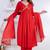 Red lace solid rayon stitched v-neck flared pant suit set
