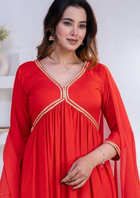 Red lace solid rayon stitched v-neck flared pant suit set 4