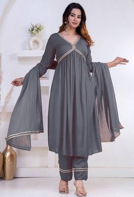 Grey lace solid rayon stitched v-neck flared pant suit set 1
