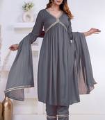 Grey lace solid rayon stitched v-neck flared pant suit set