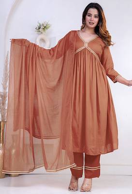 Peach lace solid rayon stitched v-neck flared pant suit set 1