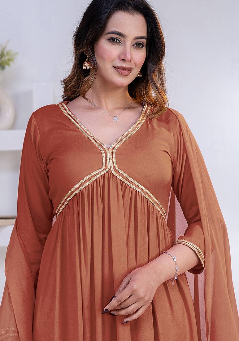 Peach lace solid rayon stitched v-neck flared pant suit set