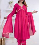Pink lace solid rayon stitched v-neck flared pant suit set