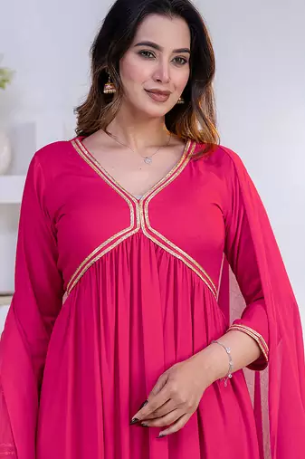 Pink lace solid rayon stitched v-neck flared pant suit set