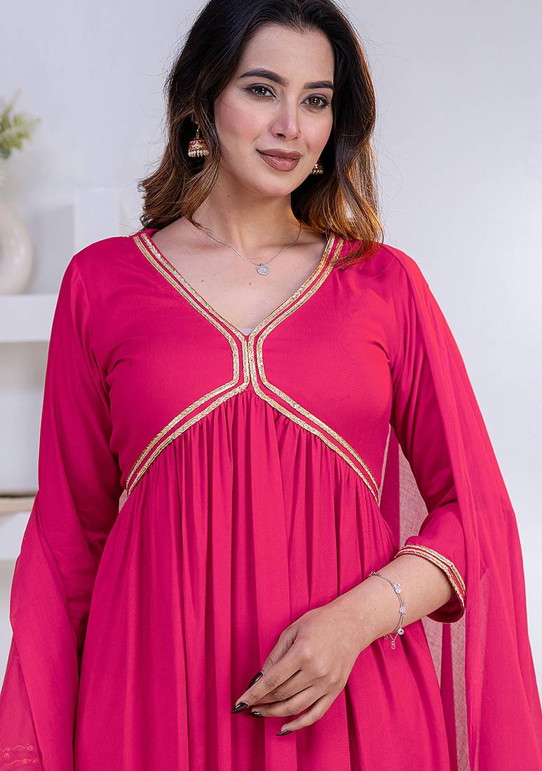 Pink lace solid rayon stitched v-neck flared pant suit set