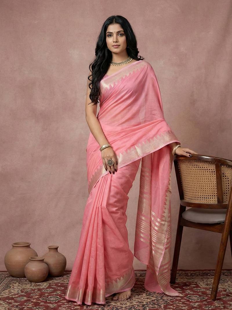 pink soft cotton saree with zari border | comfortable daily wear