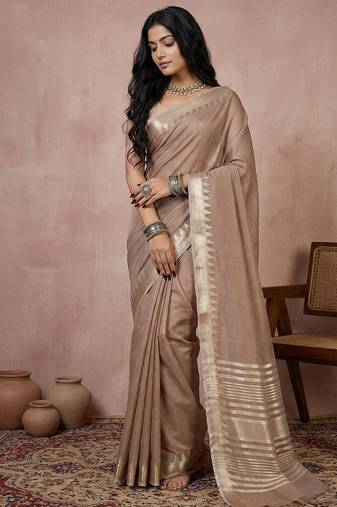chiku soft cotton saree with zari border | comfortable daily wear