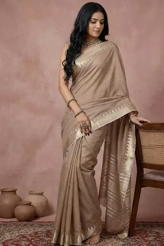 chiku soft cotton saree with zari border | comfortable daily wear