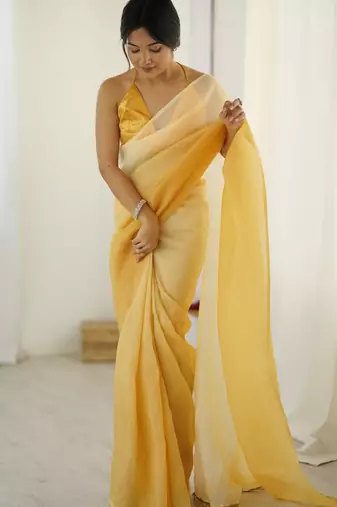 yellow ready-to-wear candy crush art silk blend saree with satin art silk blend blouse