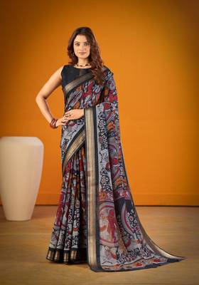 black elegant kalamkari zari chanderi saree with matching blouse polyester viscose 1