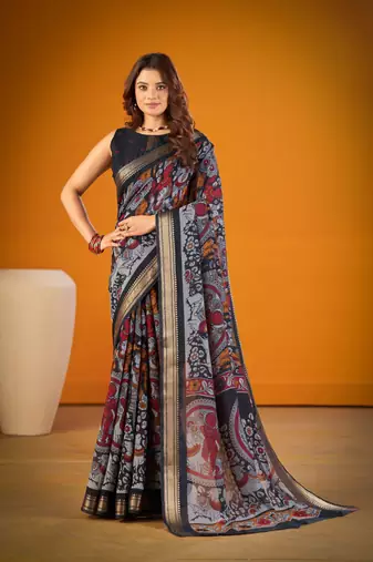 black elegant kalamkari zari chanderi saree with matching blouse     polyester viscose