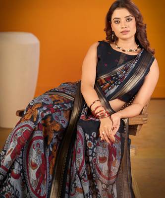 black elegant kalamkari zari chanderi saree with matching blouse polyester viscose 2