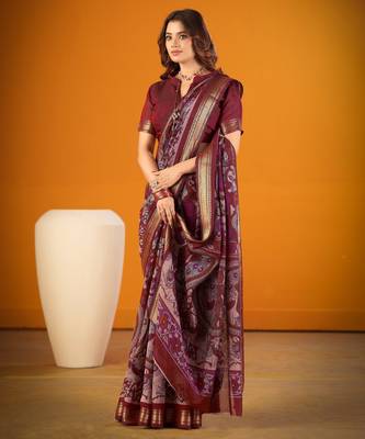 maroon elegant kalamkari zari chanderi saree with matching blouse polyester viscose 1