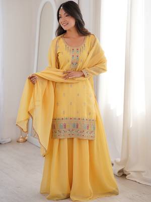Superb Yellow Dori Embroidered Silk Haldi Wear Sharara Suit 1