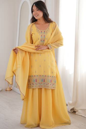 Superb Yellow Dori Embroidered Silk Haldi Wear Sharara Suit