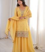 Superb Yellow Dori Embroidered Silk Haldi Wear Sharara Suit
