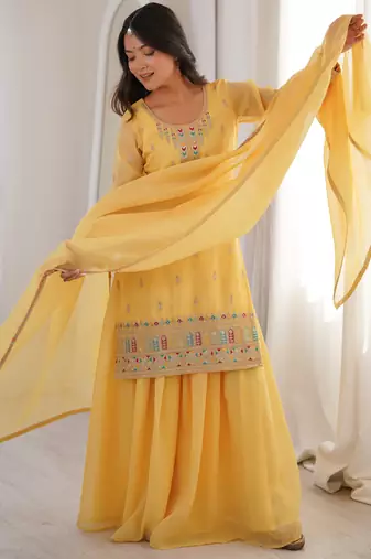Superb Yellow Dori Embroidered Silk Haldi Wear Sharara Suit