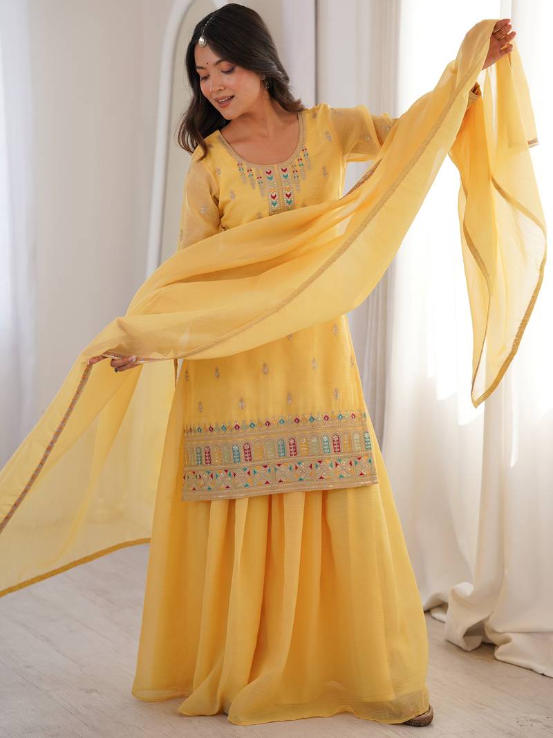 Superb Yellow Dori Embroidered Silk Haldi Wear Sharara Suit
